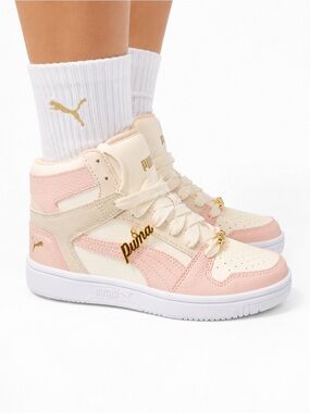PUMA Pearls & Gold Youth Girls Size 4 High-Top Sneakers in Cream & Blush Pink